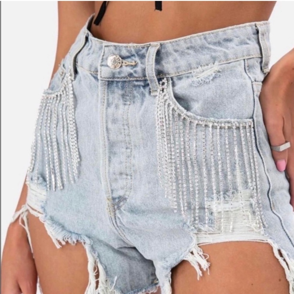 Adika Light Blue Jean Shorts with Fringe and Bead Details